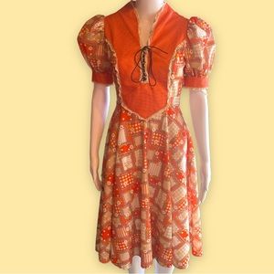 Amazing vintage orange dress patchwork corset puff sleeves size small